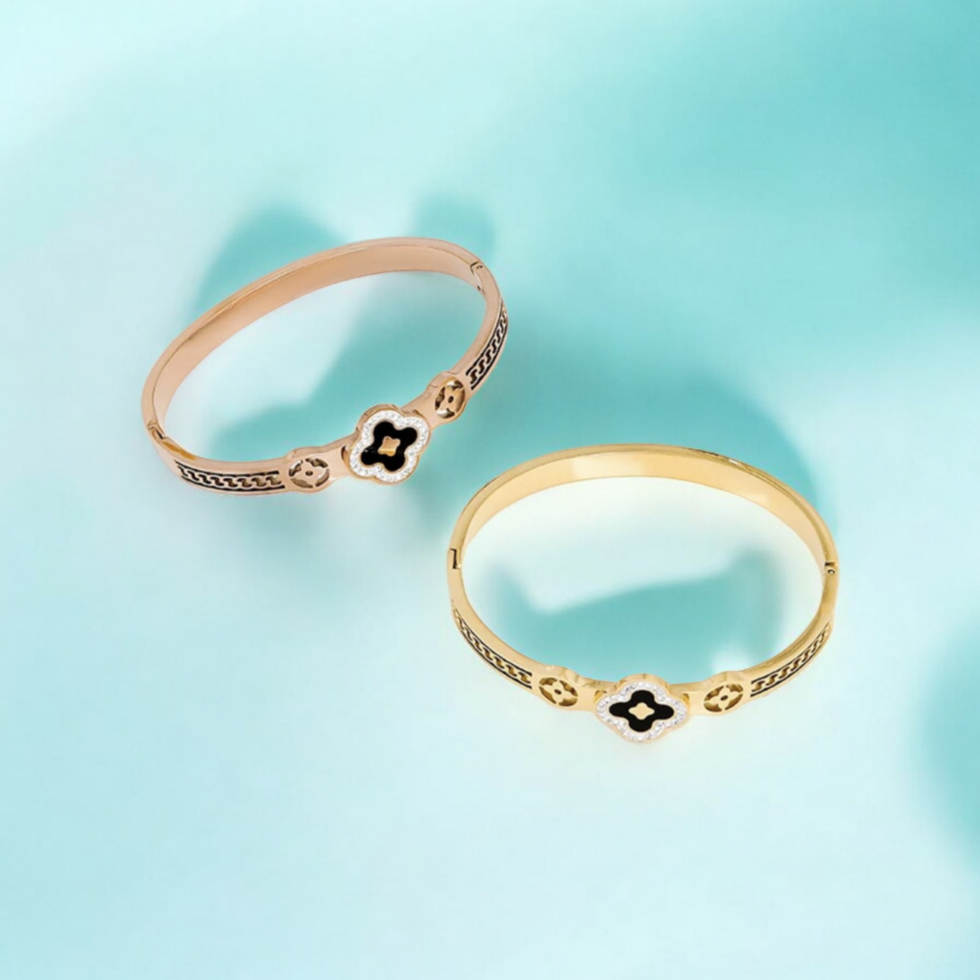 Alara | Gold Plated Black Clover Zircon Cuff Bracelet Bangle