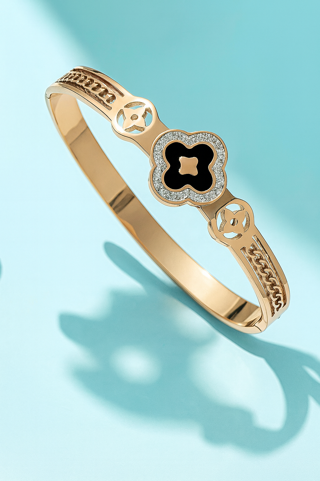 Alara | Gold Plated Black Clover Zircon Cuff Bracelet Bangle
