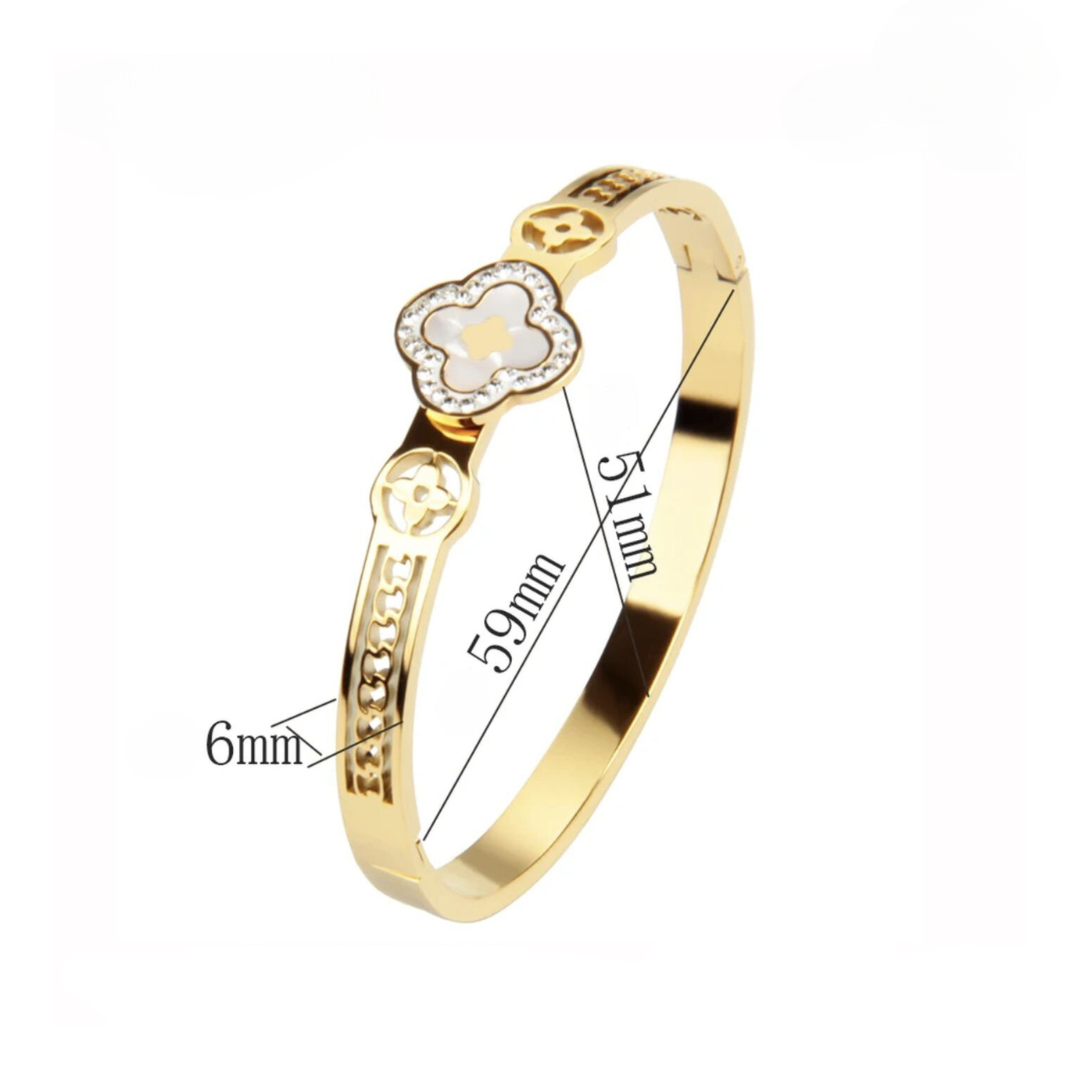 Erin | Gold Plated White Clover charm Zircon Cuff Bracelet Bangle