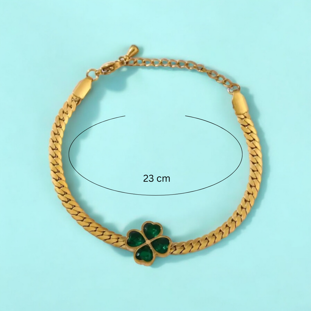 Ameline | Gold Plated Four Leaf Clover Cuban Bracelet with Green Zircons