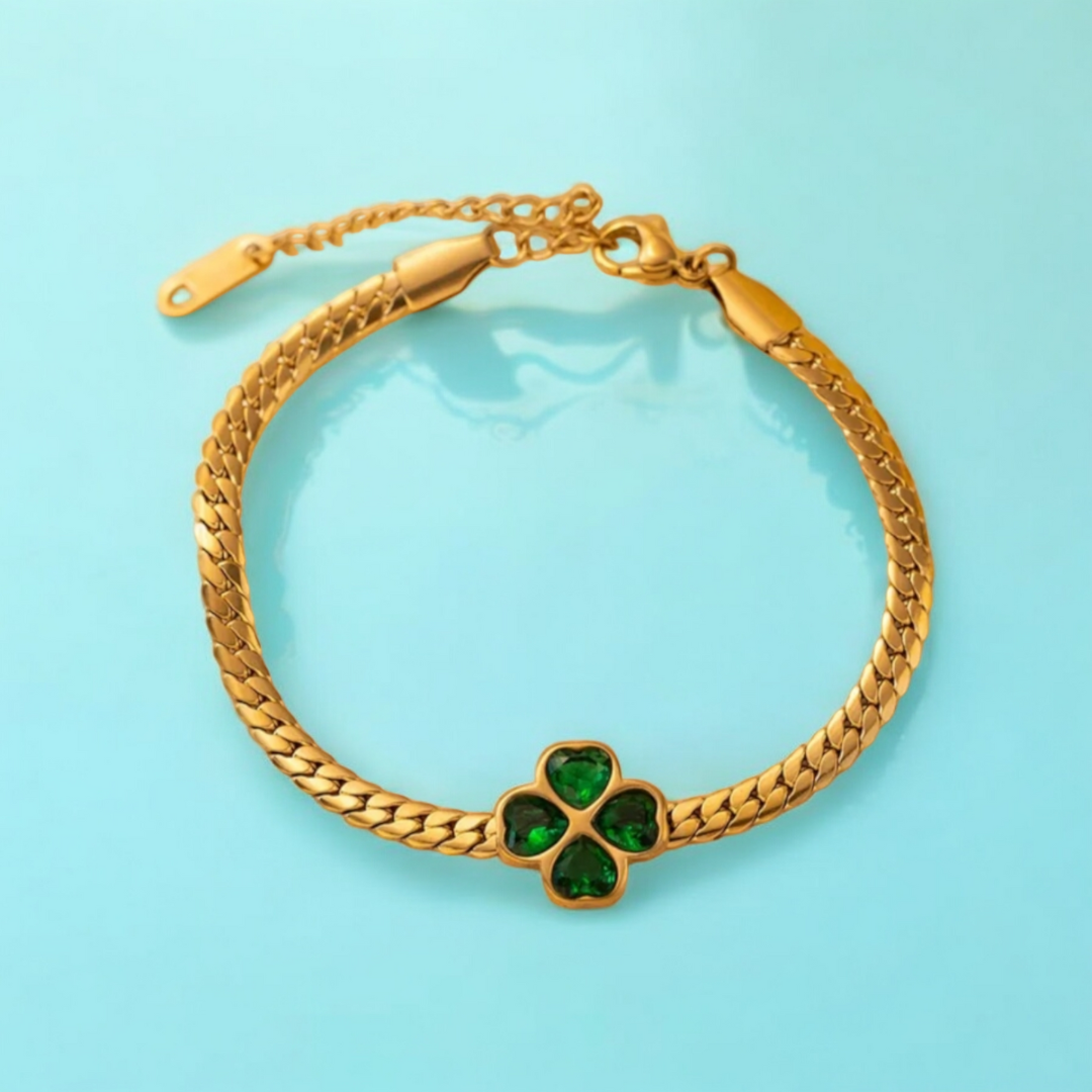 Ameline | Gold Plated Four Leaf Clover Cuban Bracelet with Green Zircons