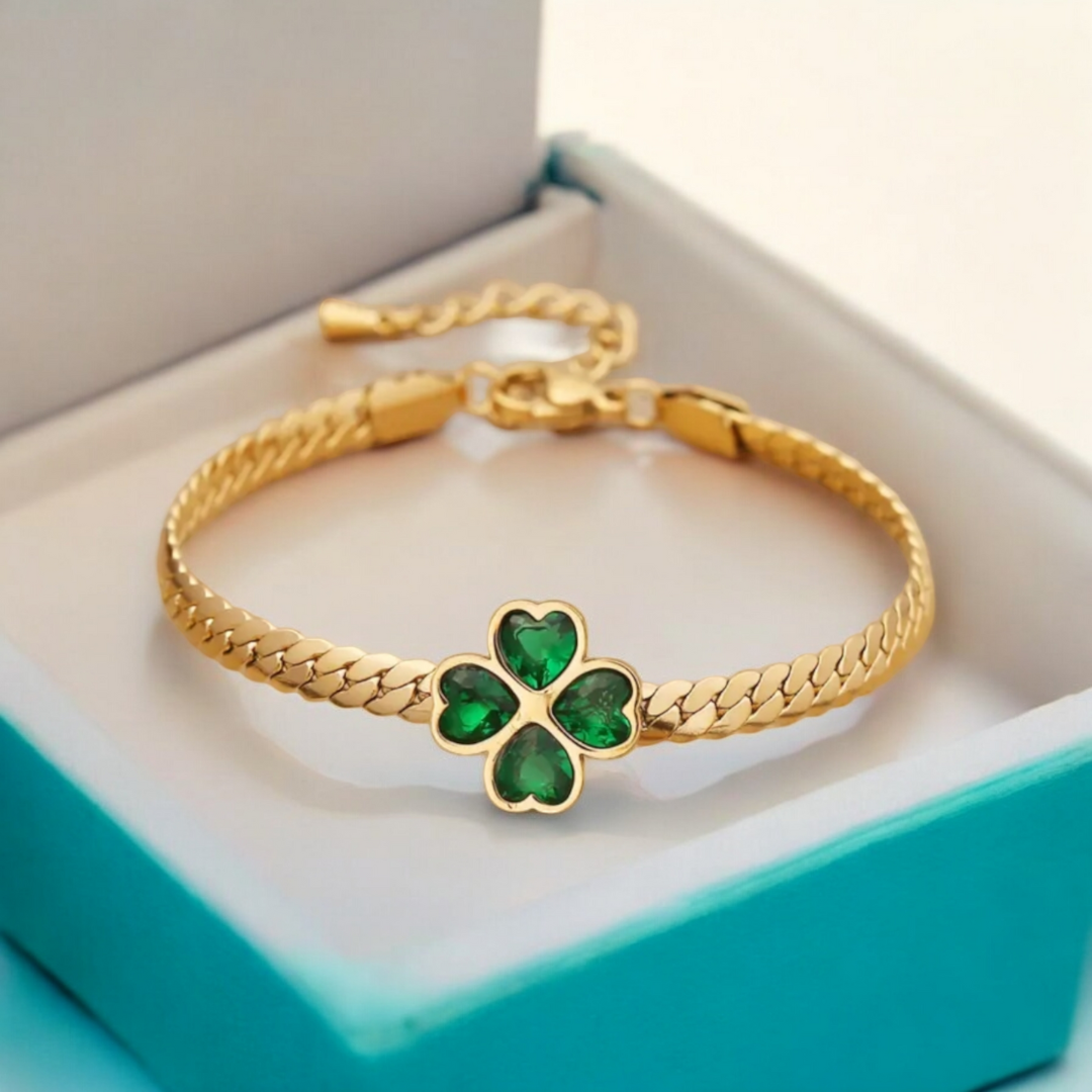 Ameline | Gold Plated Four Leaf Clover Cuban Bracelet with Green Zircons