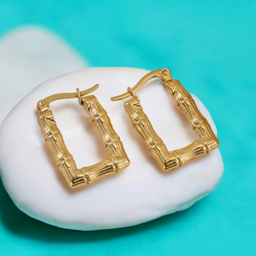 Daphne | Gold Plated Bamboo Design Rectangular Hoop Earrings