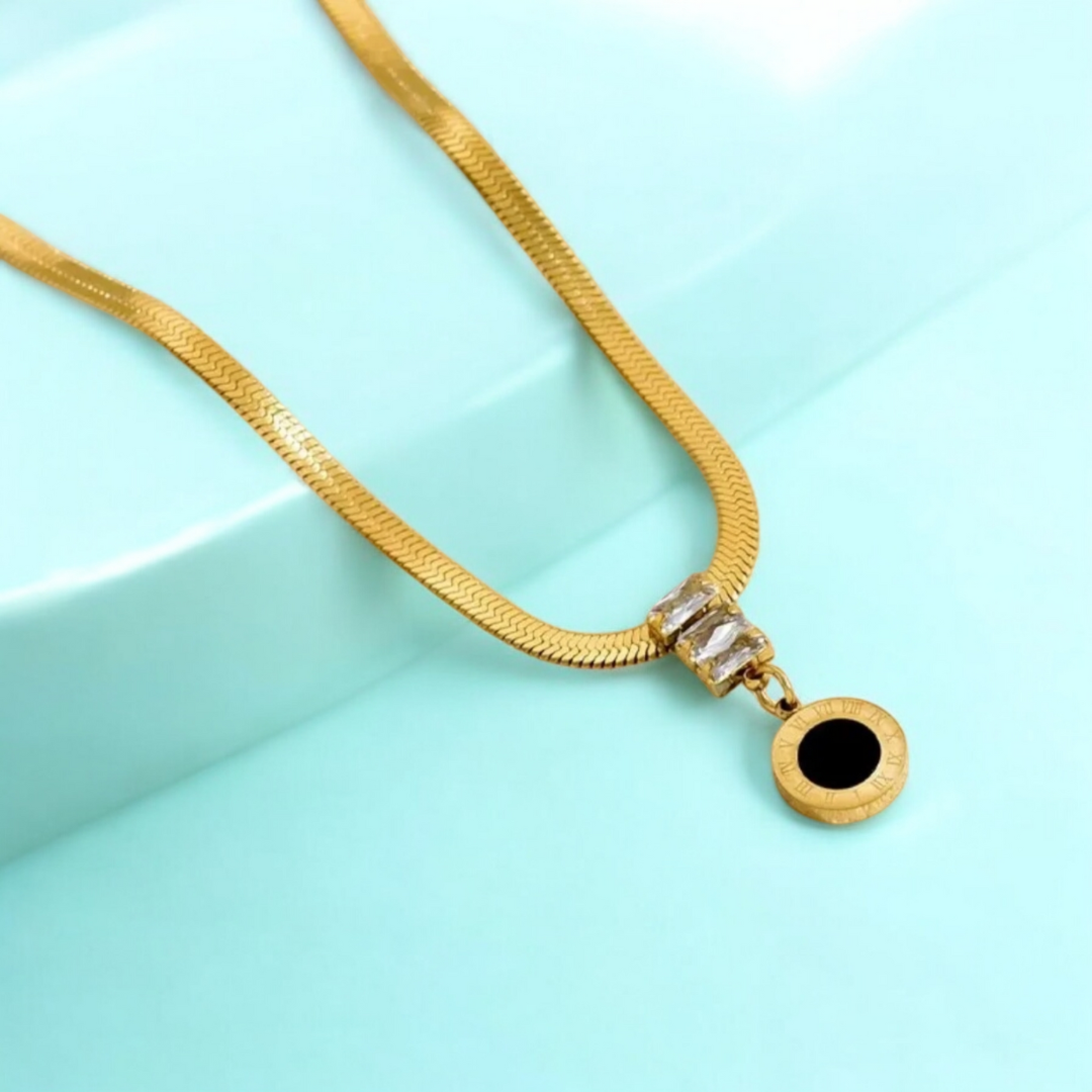 Alarice | Gold (18K) Plated Roman Numerals Pendant Waterproof Necklace with Zircons