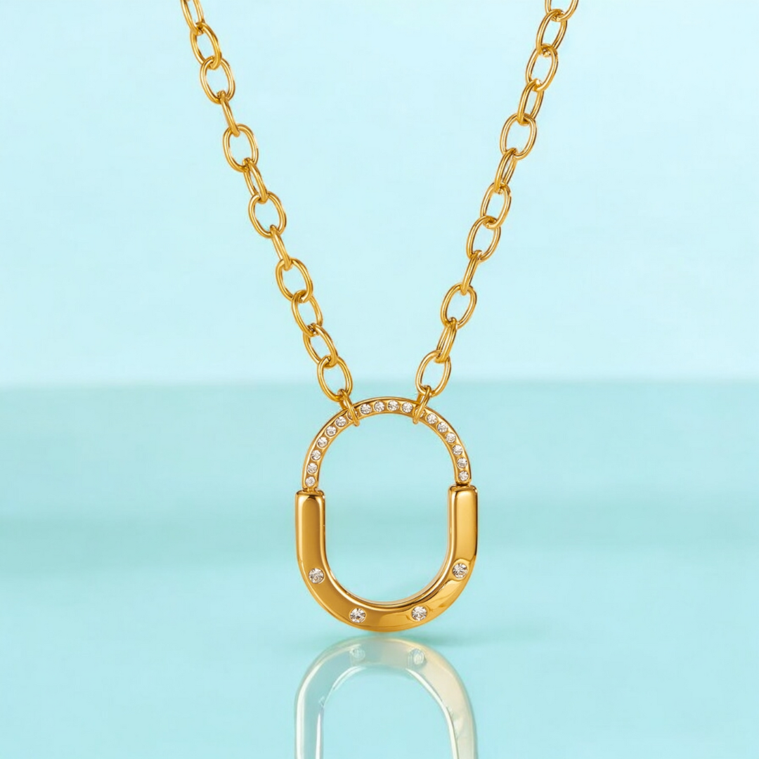 Avielle | Gold Plated Lock Pendant Necklace with Zircon Link Chain