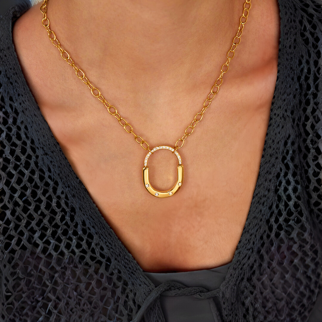 Avielle | Gold Plated Lock Pendant Necklace with Zircon Link Chain