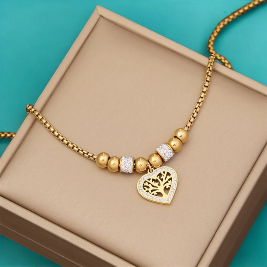Lorraine | Gold Plated Chunky Heart Tree of Life Necklace with Zircons