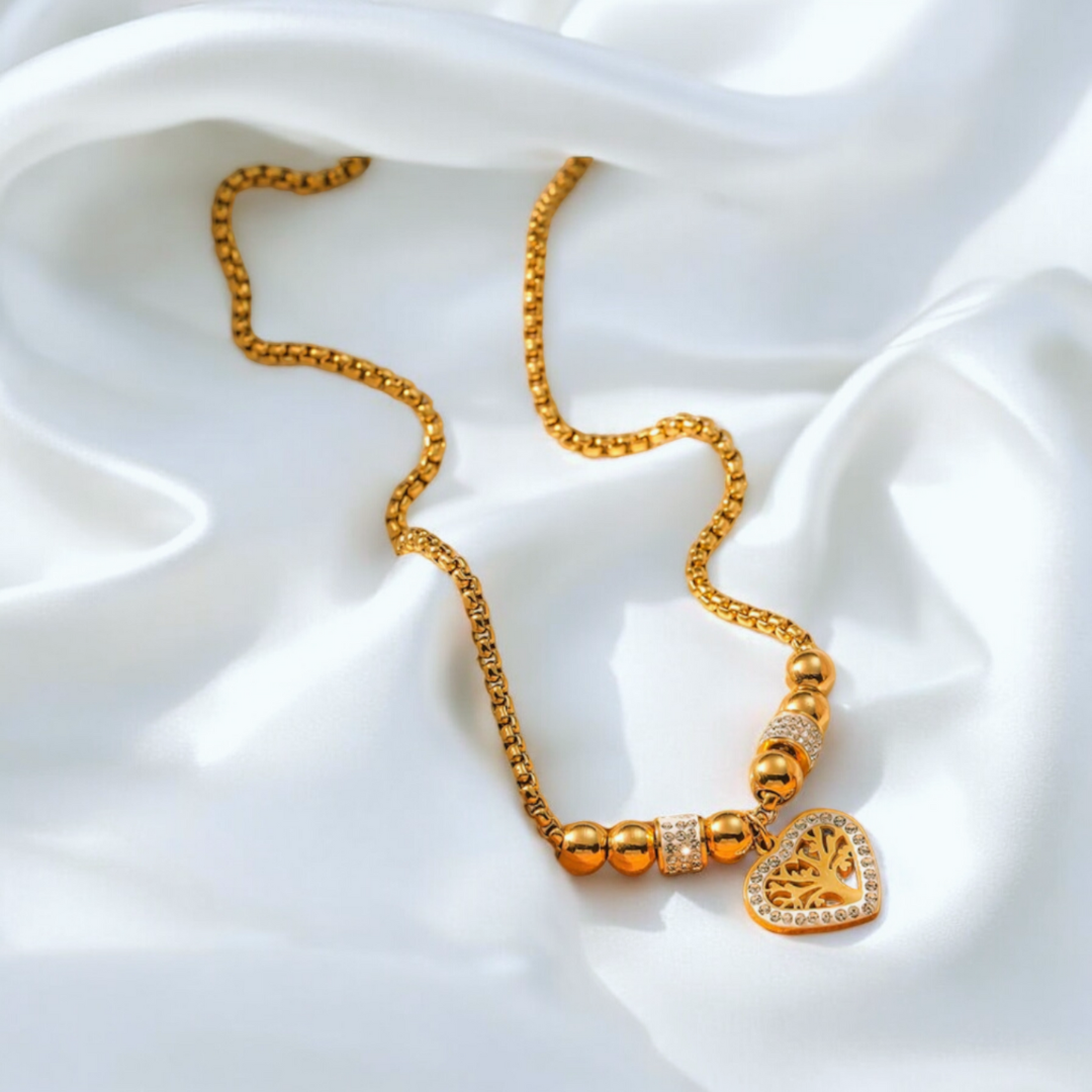 Lorraine | Gold Plated Chunky Heart Tree of Life Necklace with Zircons