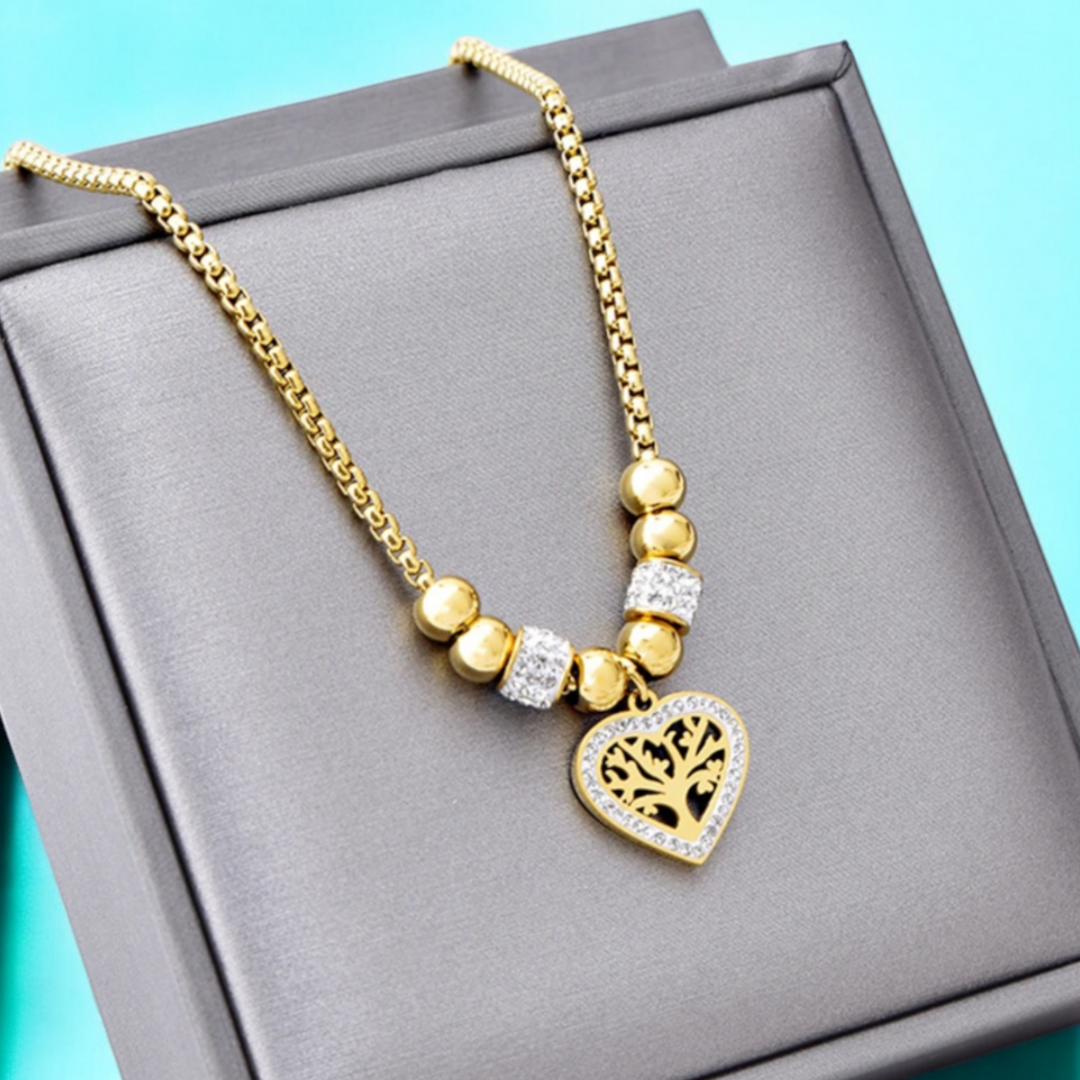 Lorraine | Gold Plated Chunky Heart Tree of Life Necklace with Zircons