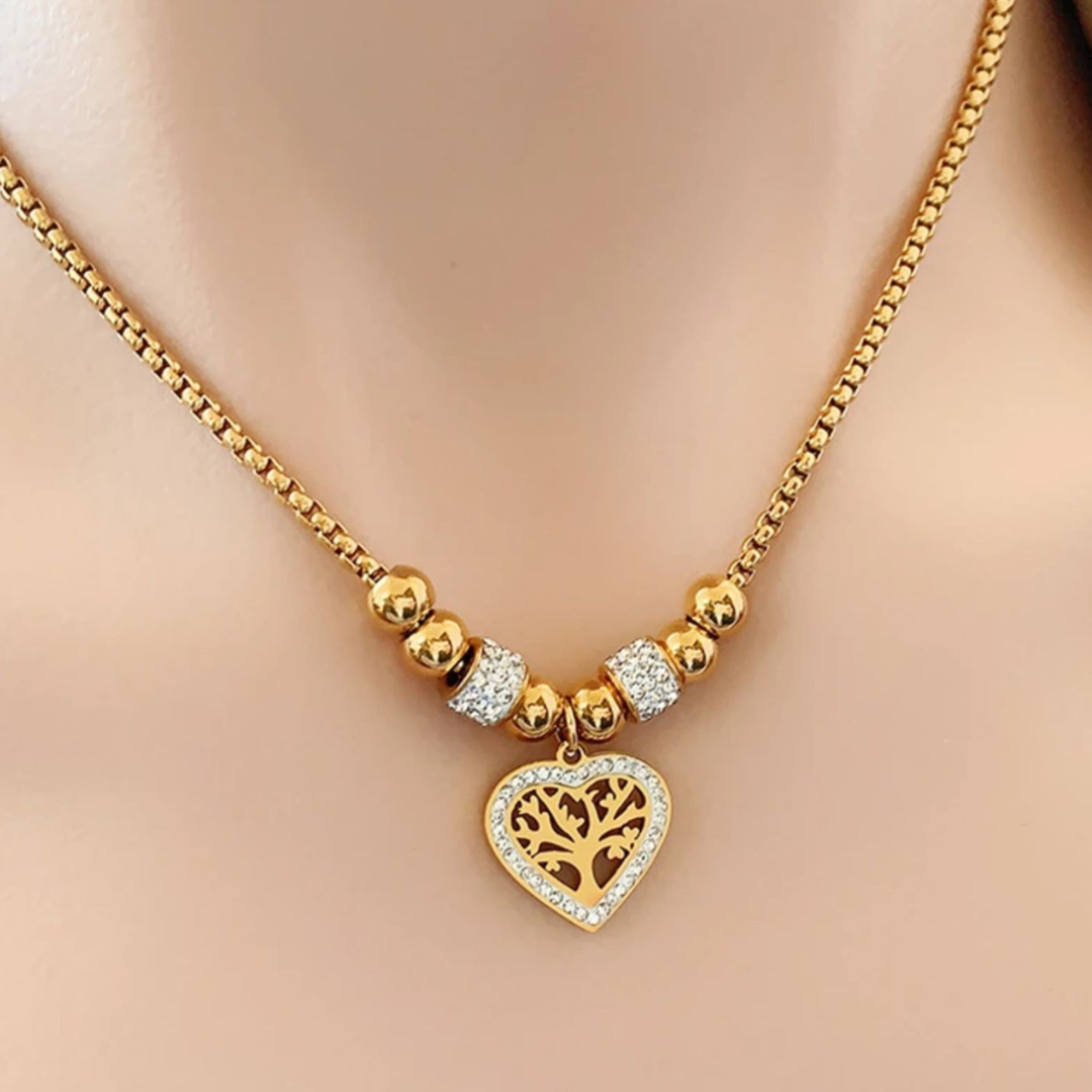 Lorraine | Gold Plated Chunky Heart Tree of Life Necklace with Zircons