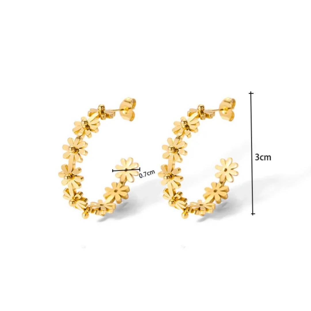 Tina | 18K Gold Plated Flower Motif C Shaped Hoop Waterproof Earrings