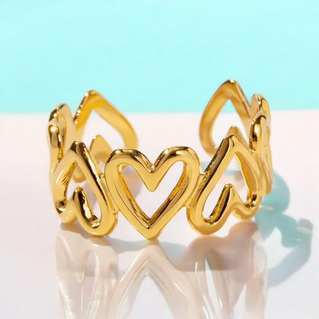 Jade | Gold Plated Hollow Heart Resizable Ring