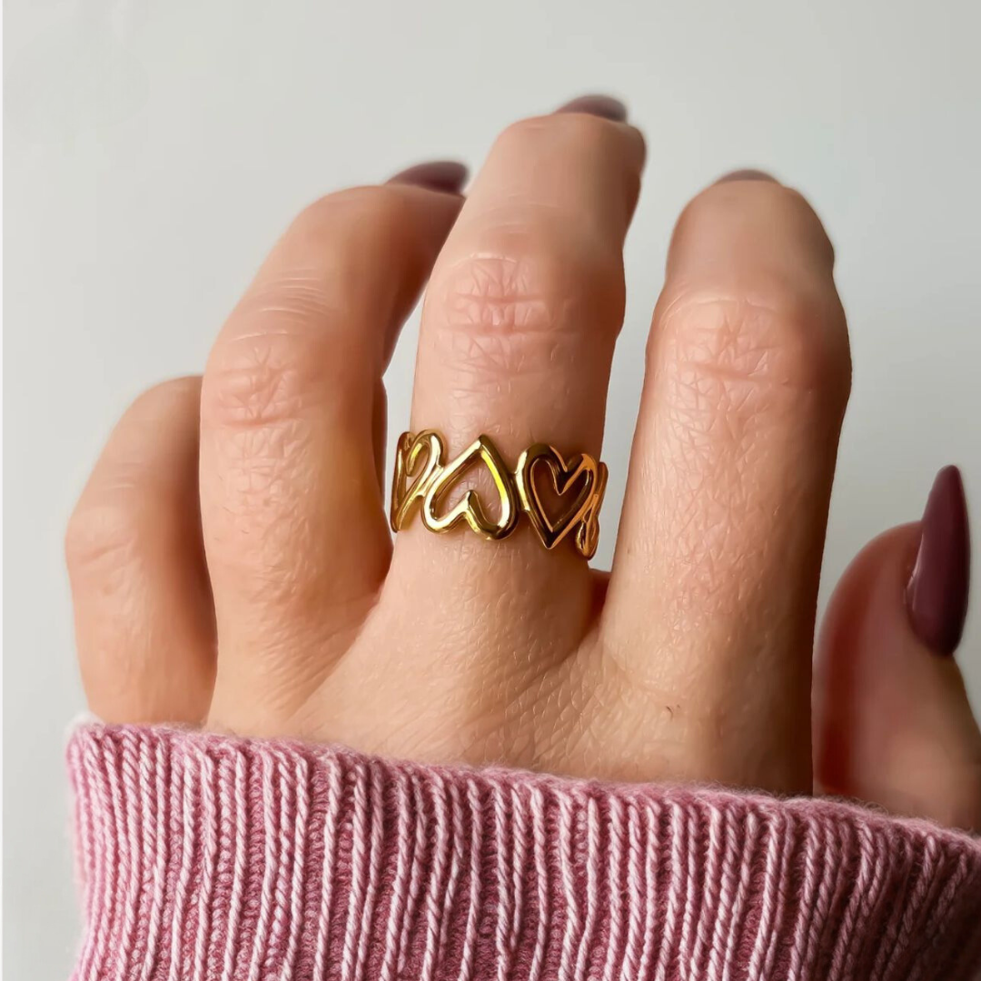 Jade | Gold Plated Hollow Heart Resizable Ring