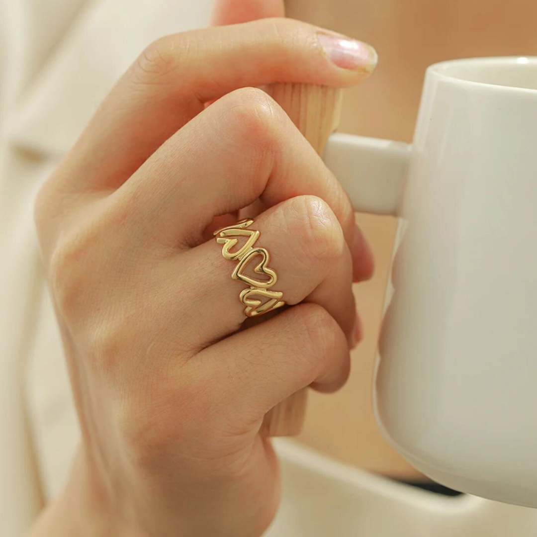 Jade | Gold Plated Hollow Heart Resizable Ring