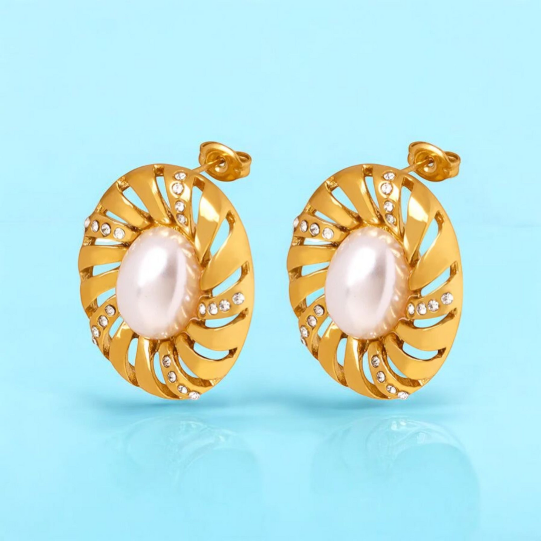 Lira | Gold (18K) Plated Chunky Waterproof Stud Earrings with Pearls