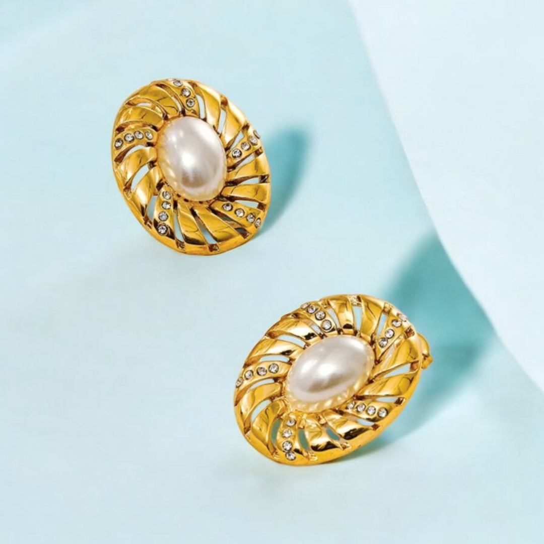 Lira | Gold (18K) Plated Chunky Waterproof Stud Earrings with Pearls
