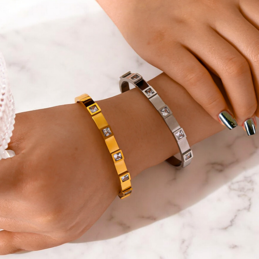 Svetlana | Gold Plated Square Zircon Cuff Bracelet Bangle