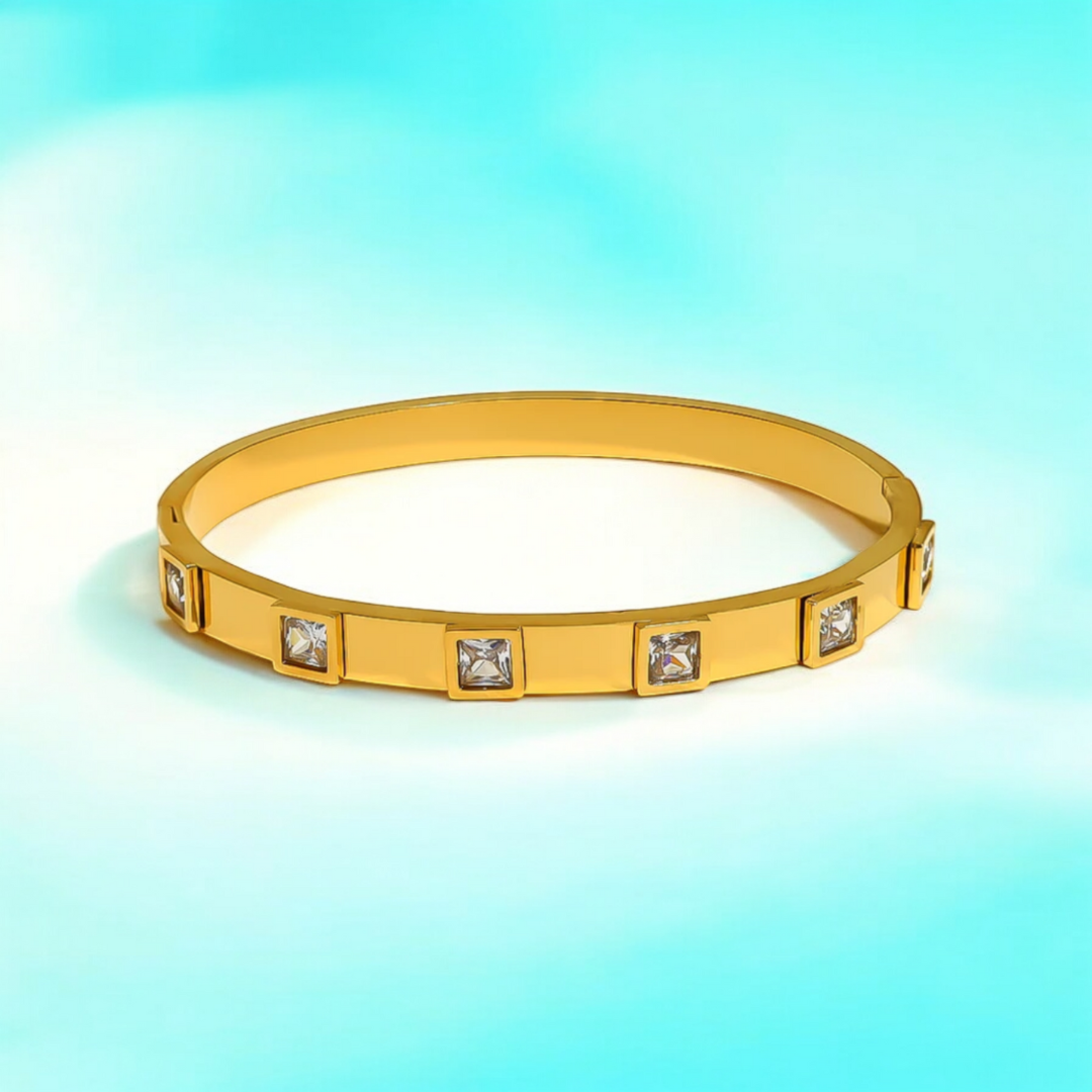 Svetlana | Gold Plated Square Zircon Cuff Bracelet Bangle