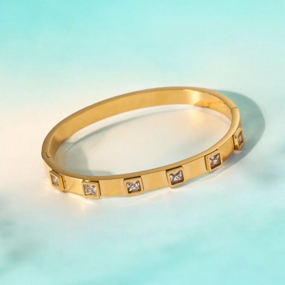 Svetlana | Gold Plated Square Zircon Cuff Bracelet Bangle
