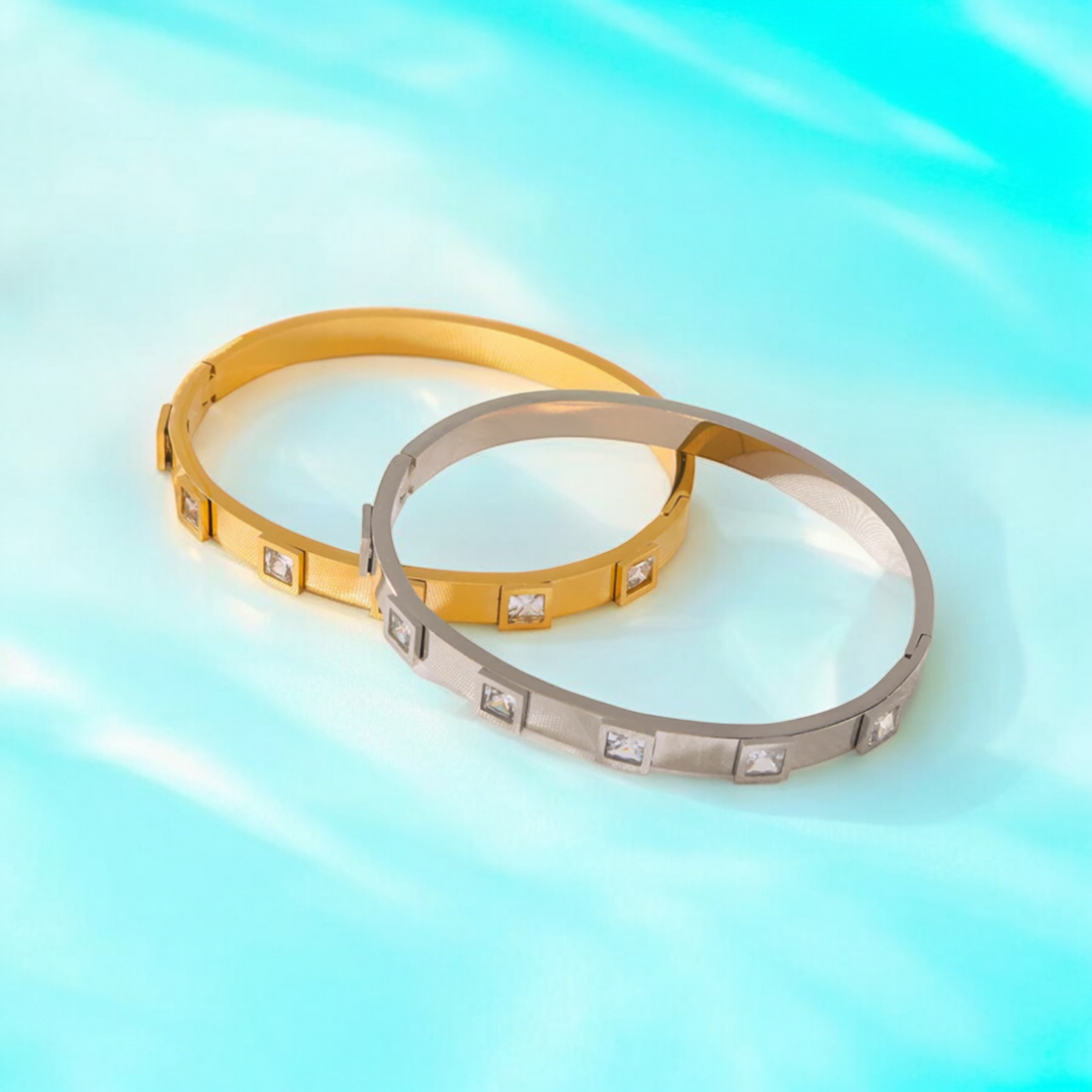 Svetlana | Gold Plated Square Zircon Cuff Bracelet Bangle