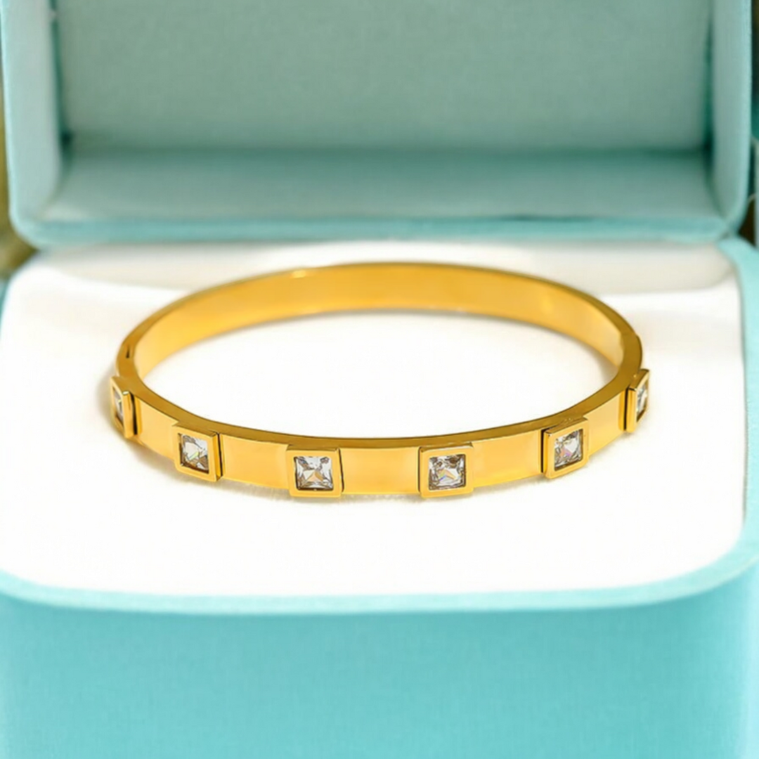 Svetlana | Gold Plated Square Zircon Cuff Bracelet Bangle
