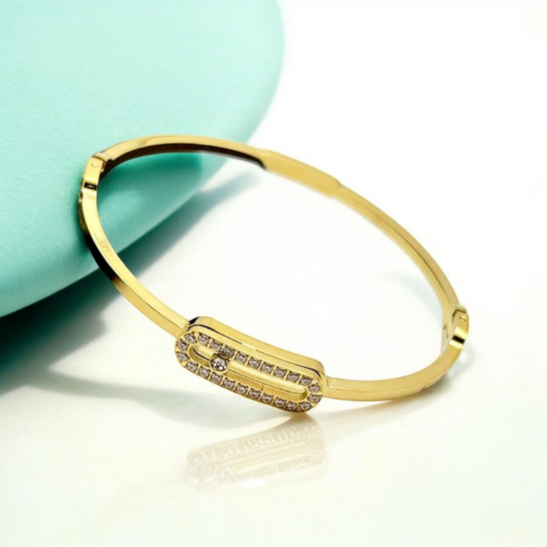 Roxanne | Gold Plated Uno Geometric Zircon Cuff Bracelet Bangle