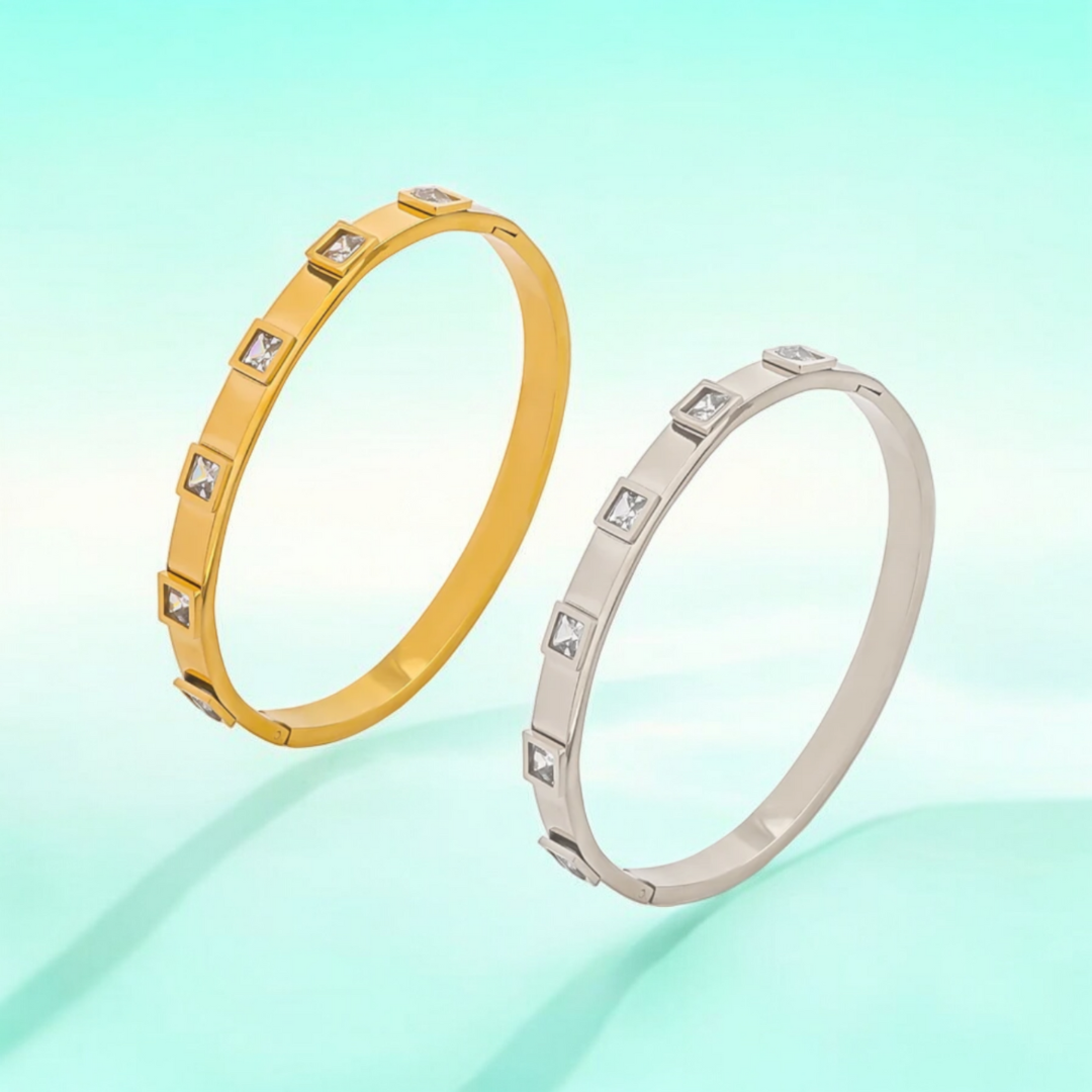 Svetlana | Gold Plated Square Zircon Cuff Bracelet Bangle