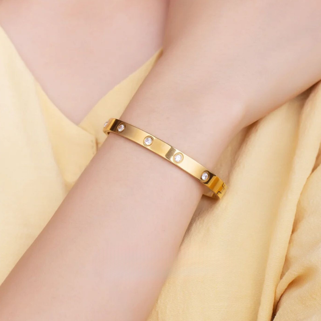 Yuliya | Gold Plated Cuff Bracelet Bangle with Circular Zircons