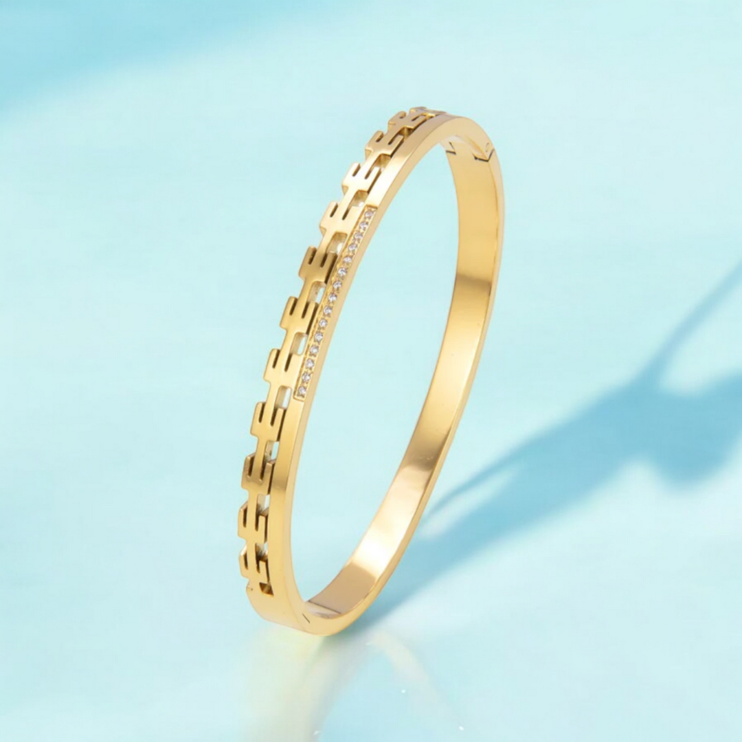 Galina | Gold Plated Greek Key Zircon Cuff Bracelet