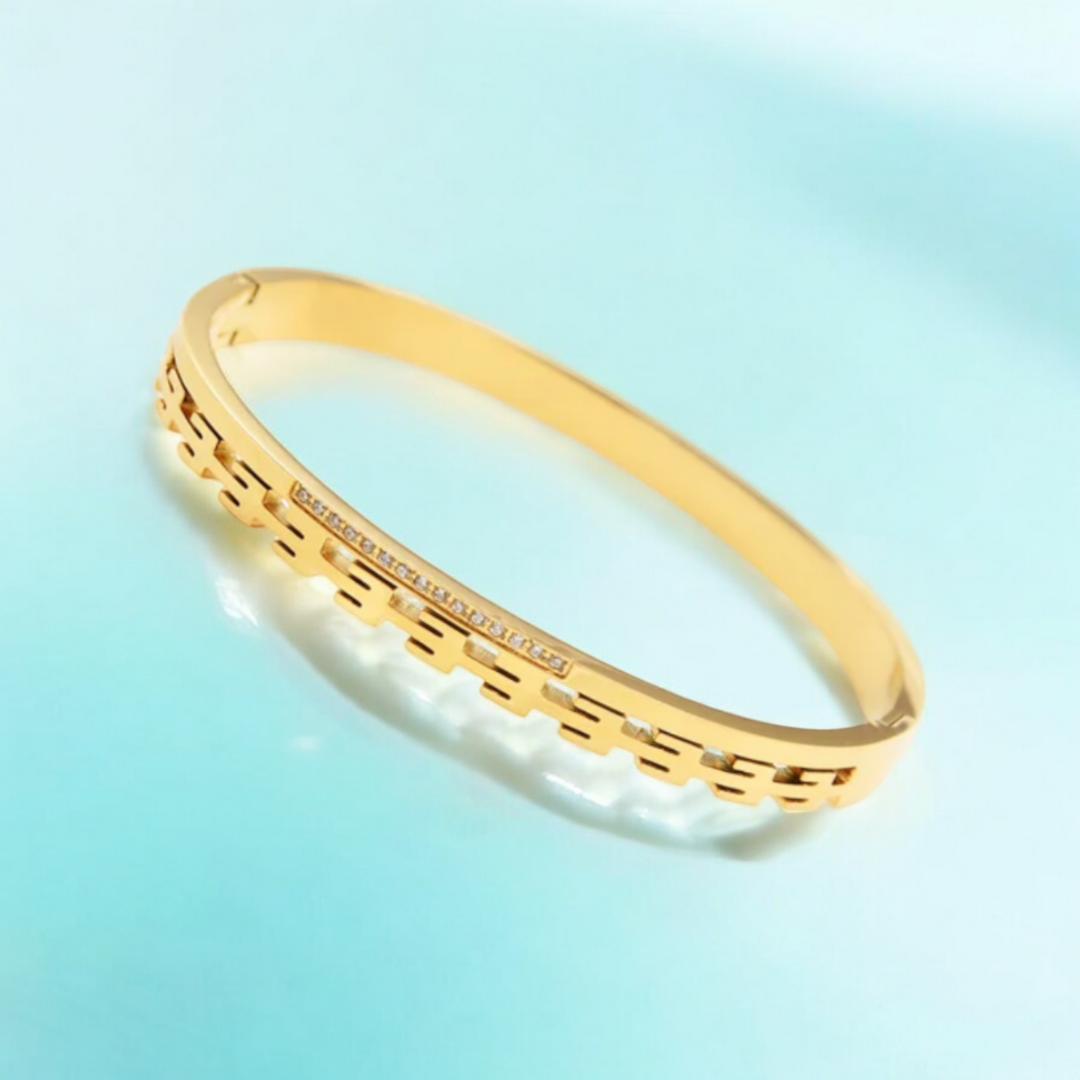 Galina | Gold Plated Greek Key Zircon Cuff Bracelet