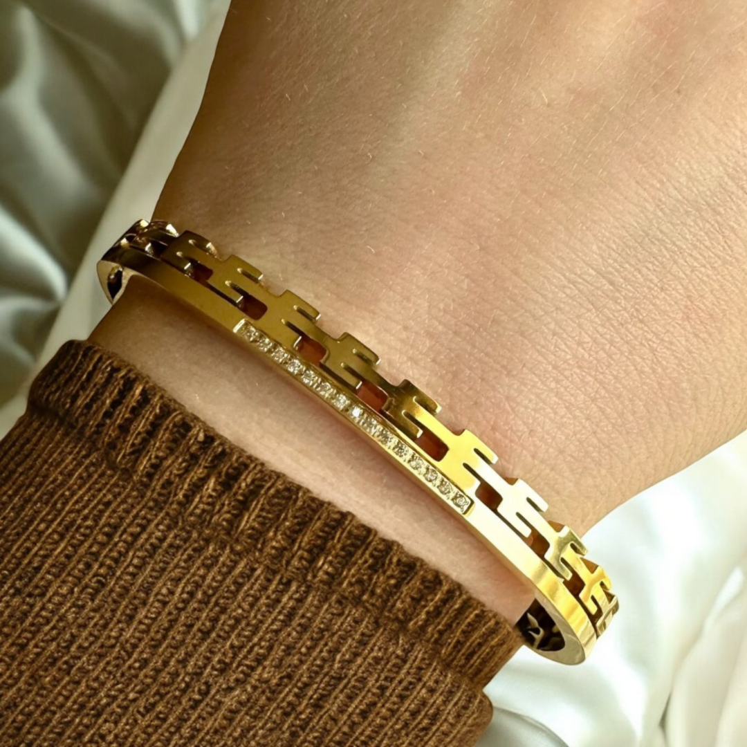 Galina | Gold Plated Greek Key Zircon Cuff Bracelet