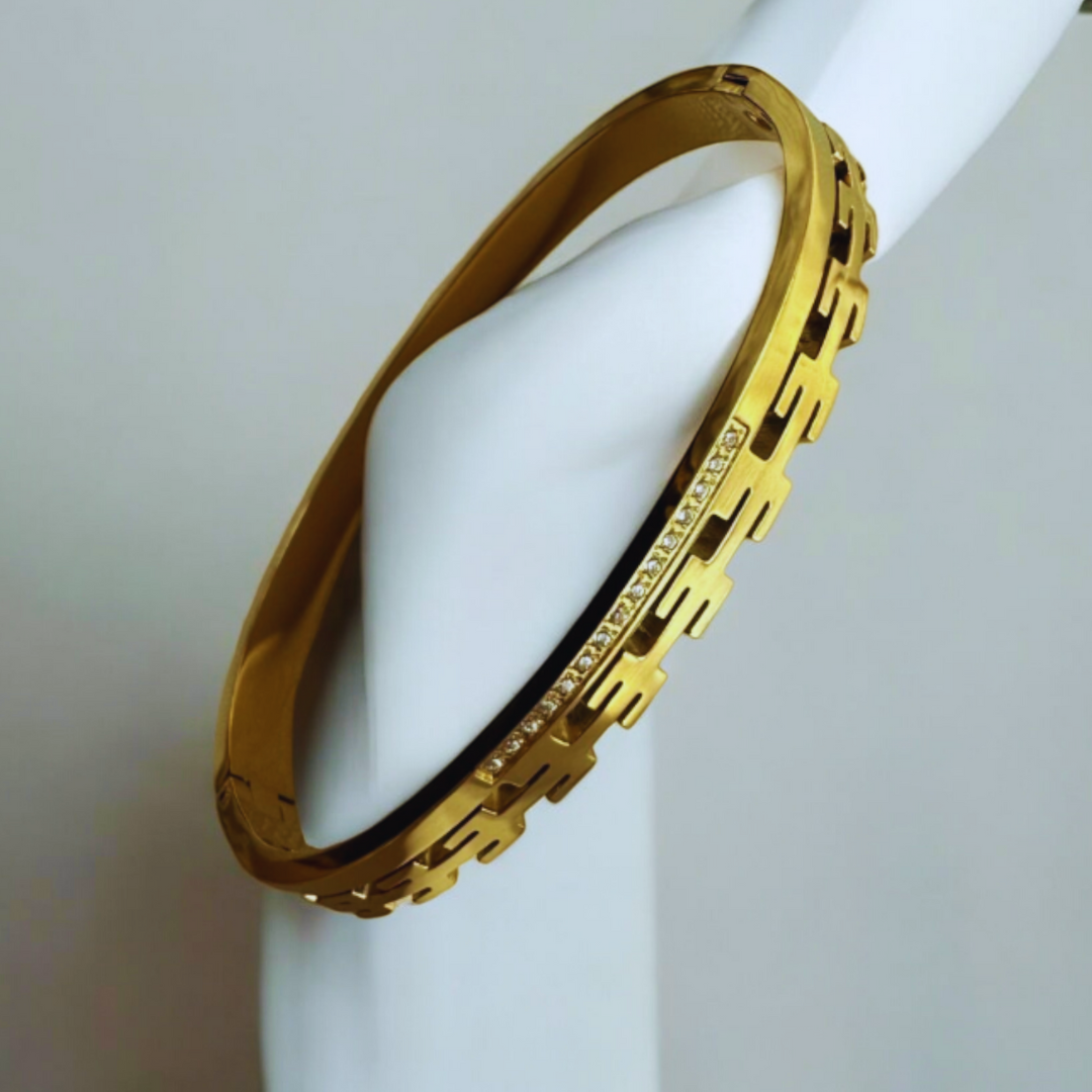 Galina | Gold Plated Greek Key Zircon Cuff Bracelet