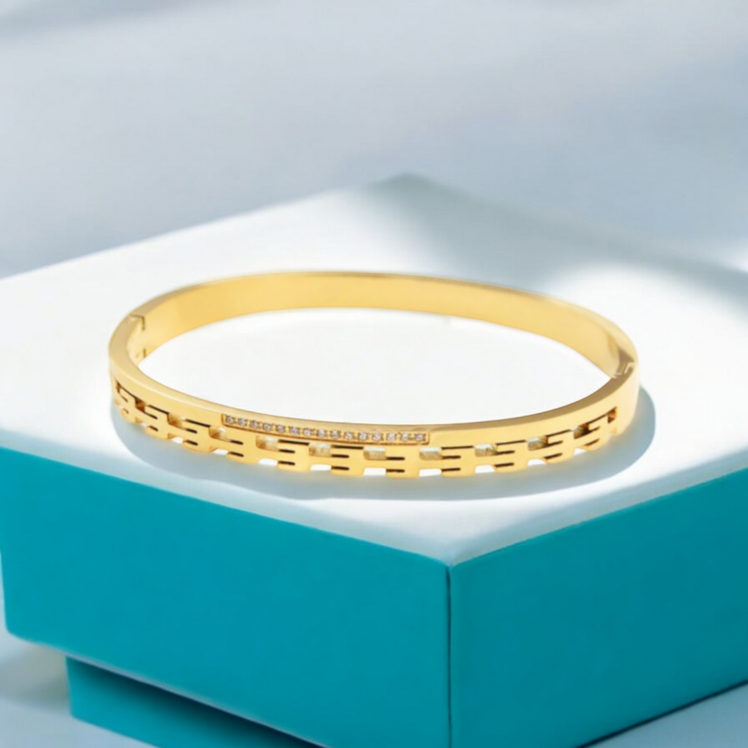 Galina | Gold Plated Greek Key Zircon Cuff Bracelet