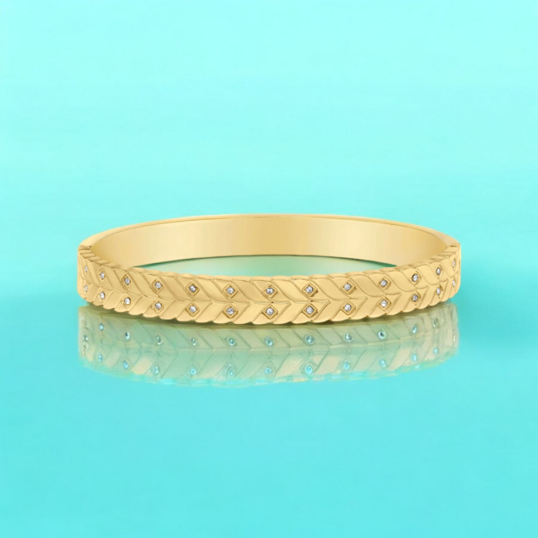 Irene | Gold Plated Leaf Pattern Zircon Cuff Bracelet Bangle