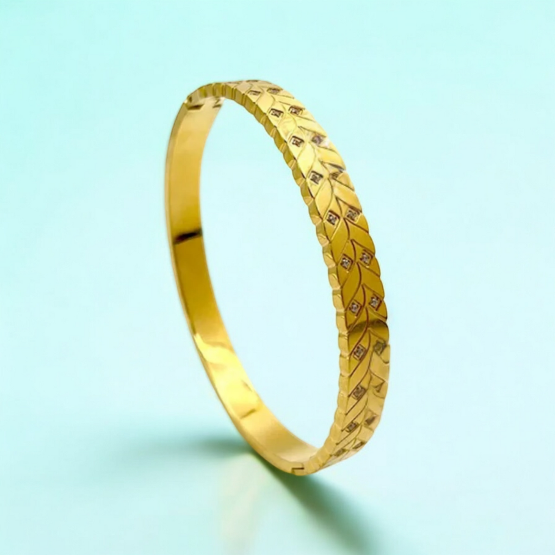 Irene | Gold Plated Leaf Pattern Zircon Cuff Bracelet Bangle