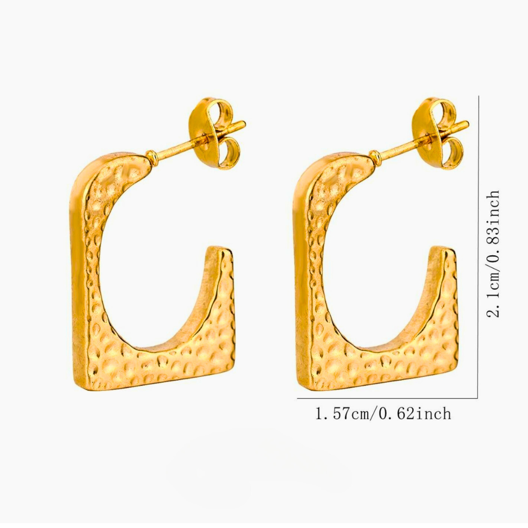 Ellie | 18K Gold Plated Hammered Square Dangle Hoop Waterproof Earrings