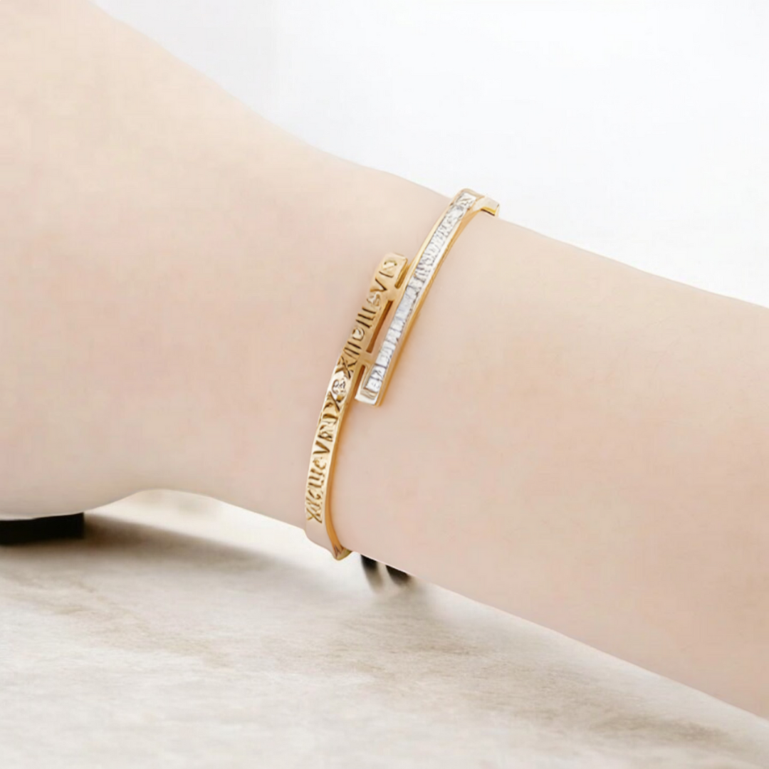 Clarissa | Gold Plated Roman Numeral Crystal Cuff Bracelet Bangle