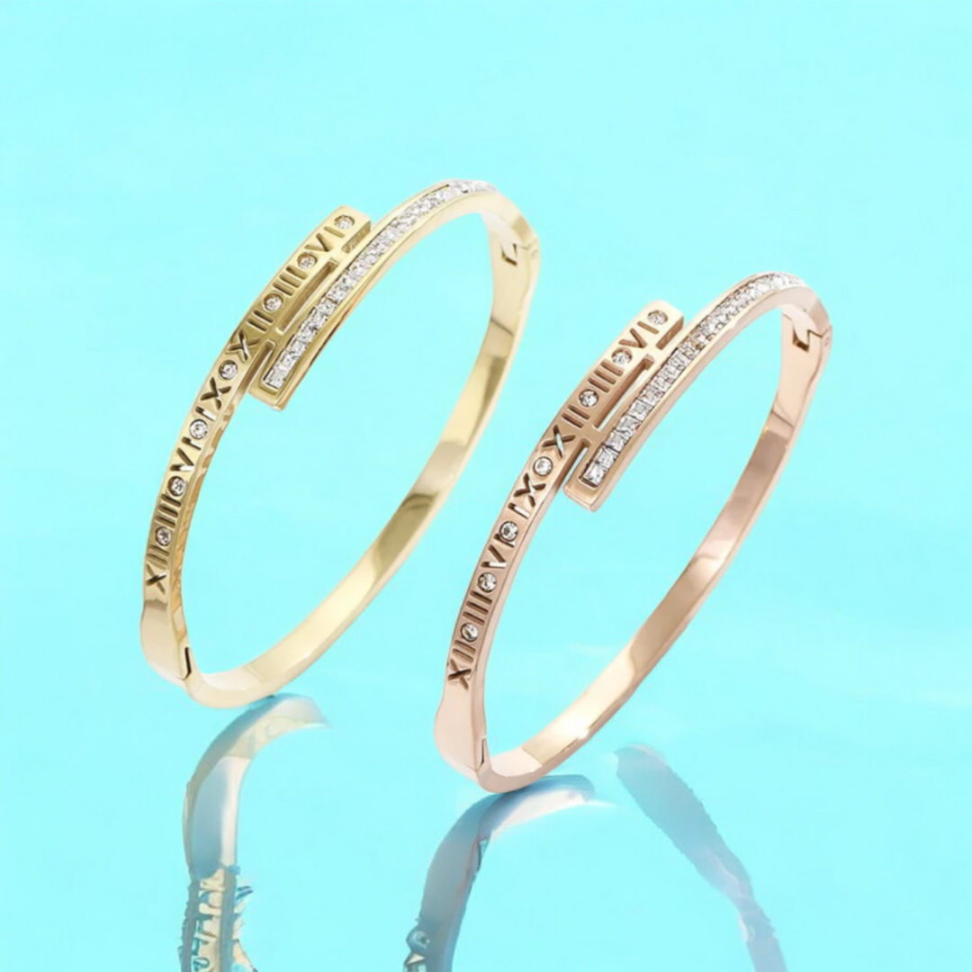 Clarissa | Gold Plated Roman Numeral Crystal Cuff Bracelet Bangle