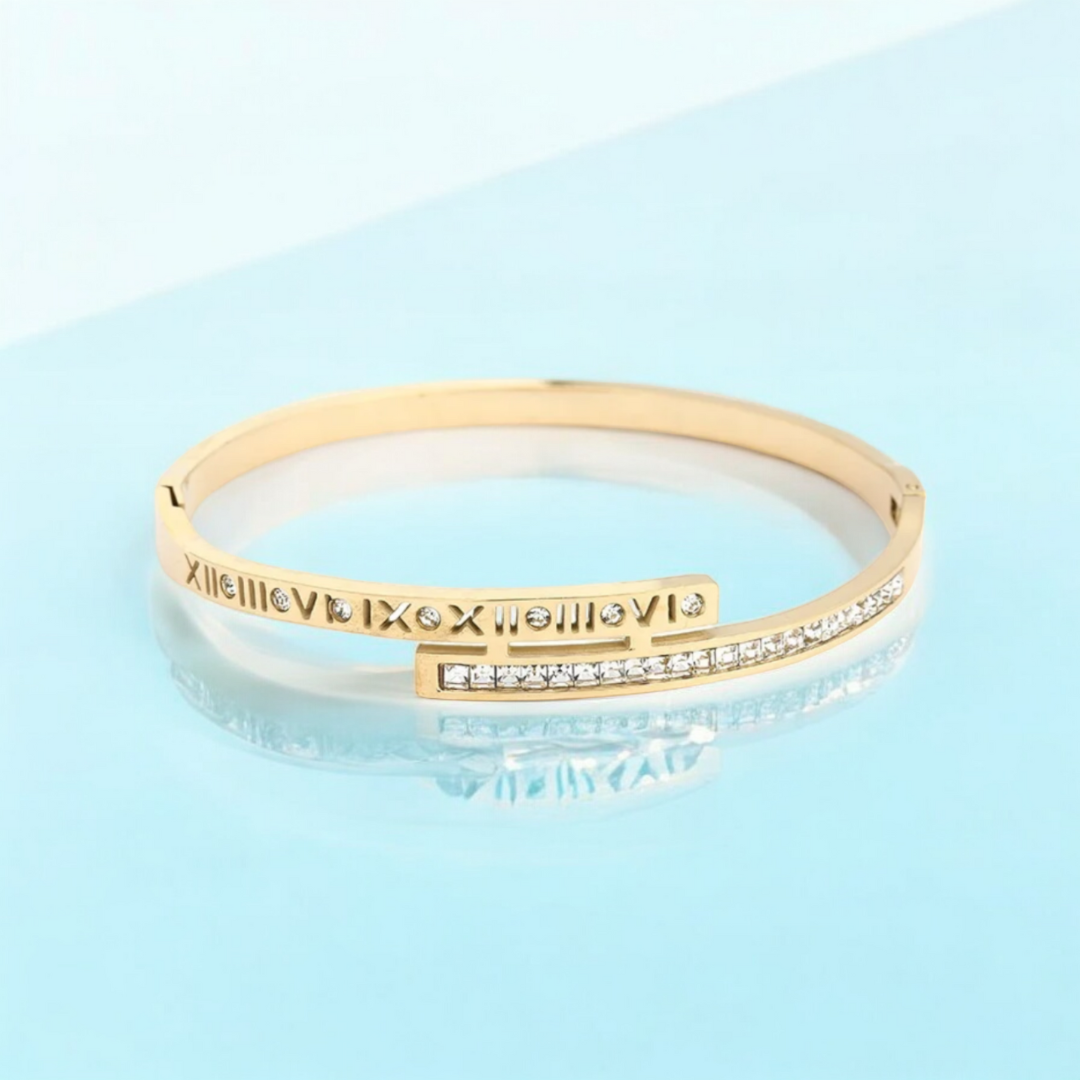 Clarissa | Gold Plated Roman Numeral Crystal Cuff Bracelet Bangle