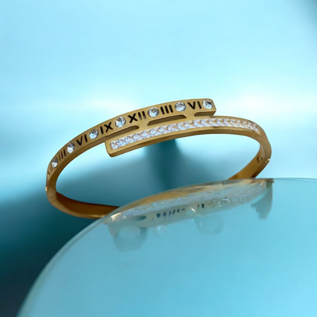 Clarissa | Gold Plated Roman Numeral Crystal Cuff Bracelet Bangle