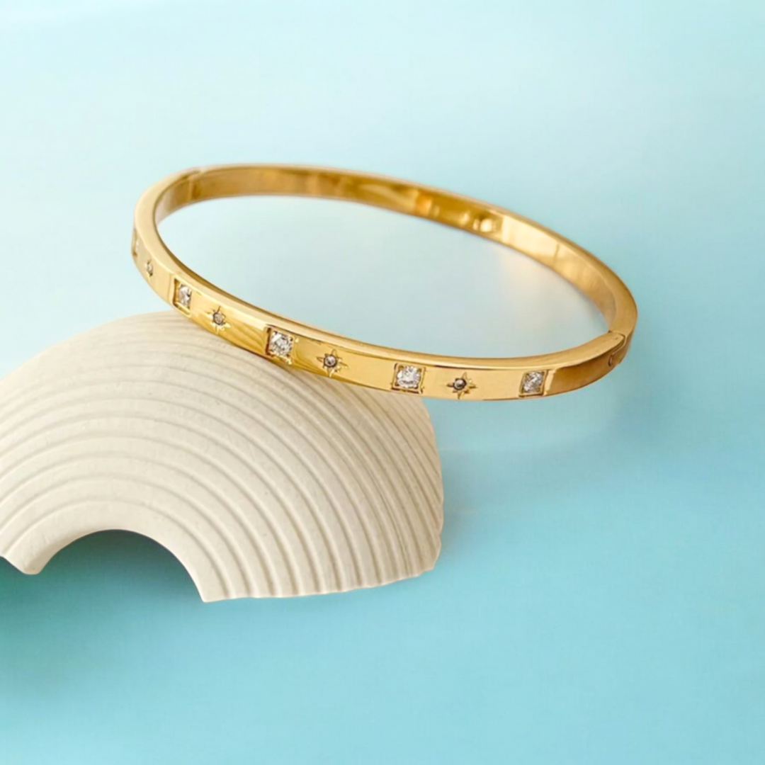 Helena | Gold Plated Cuff Bangle Bracelet with Star Shaped Zircons
