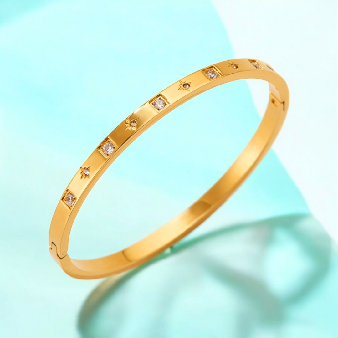 Helena | Gold Plated Cuff Bangle Bracelet with Star Shaped Zircons
