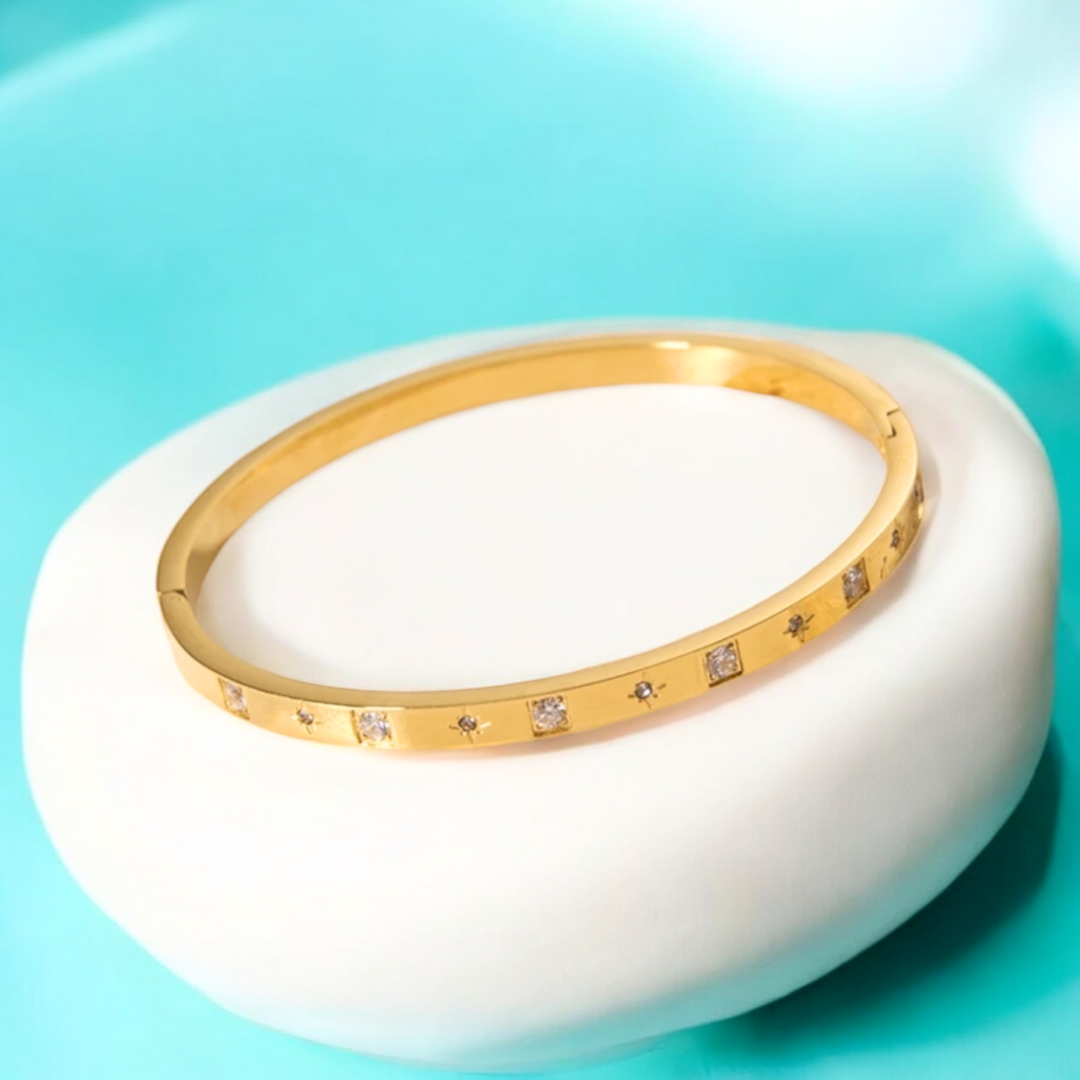 Helena | Gold Plated Cuff Bangle Bracelet with Star Shaped Zircons