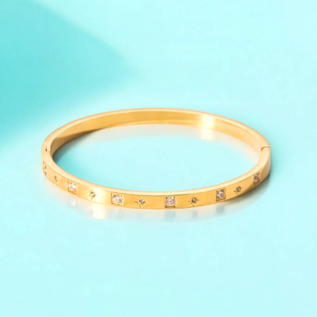 Helena | Gold Plated Cuff Bangle Bracelet with Star Shaped Zircons