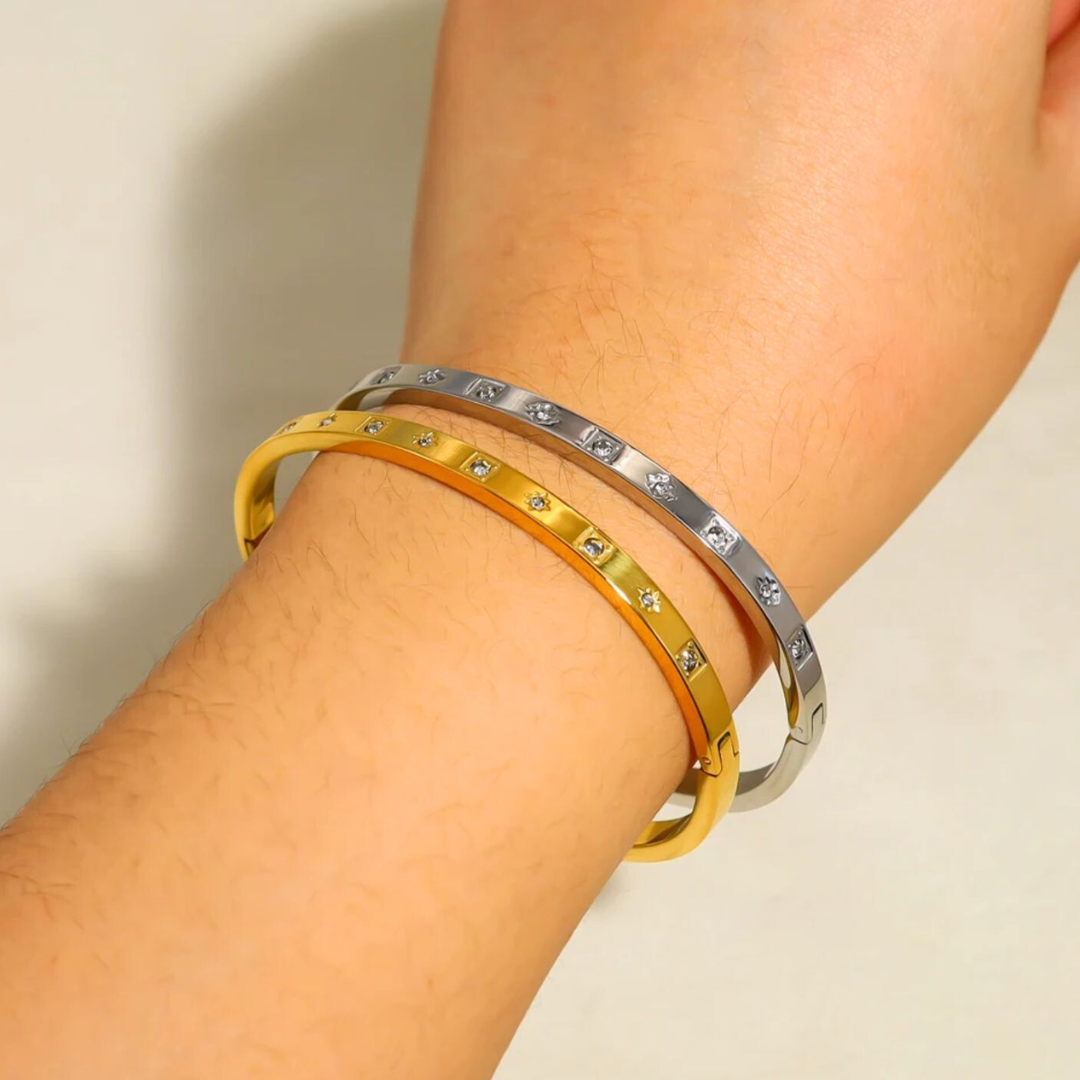 Helena | Gold Plated Cuff Bangle Bracelet with Star Shaped Zircons