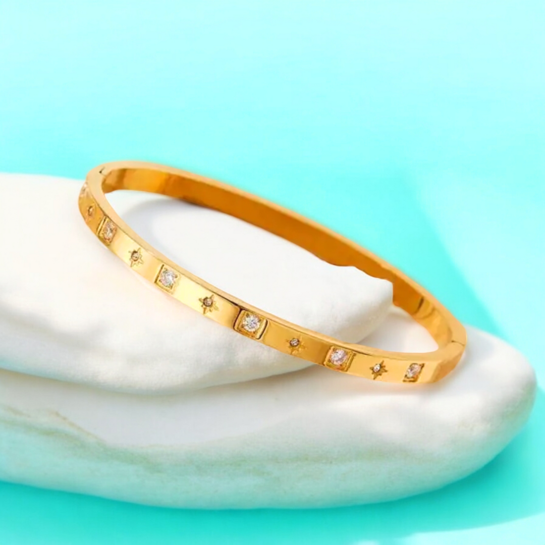 Helena | Gold Plated Cuff Bangle Bracelet with Star Shaped Zircons