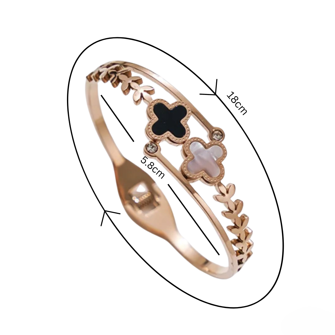 Arabelle | Gold & Rose Gold Plated White and Black Zircon Four-Leaf Clover Bangle Bracelet