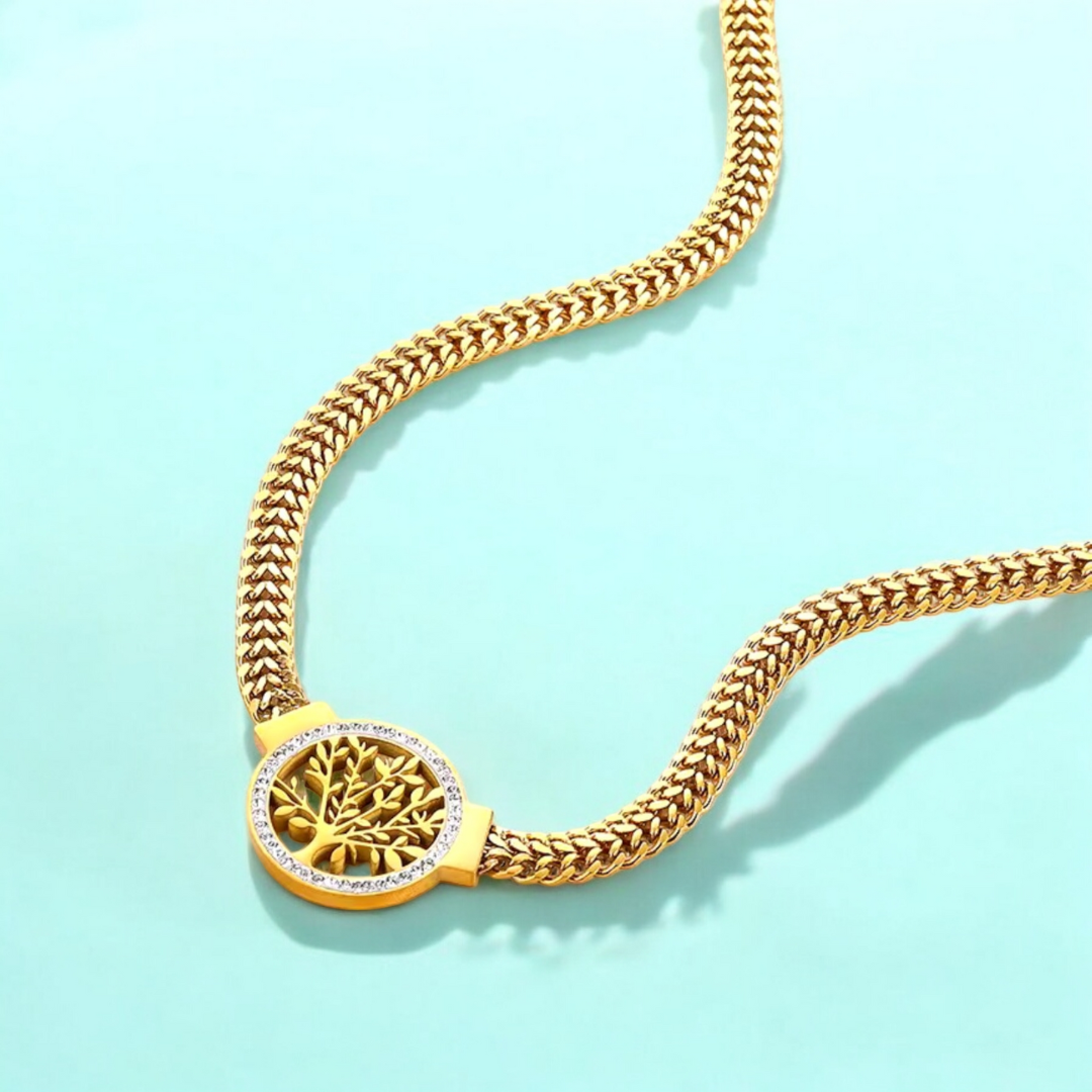 No tarnish, waterproof Celia Tree of Life Choker. Jooelri London's 18K gold plated stainless steel, gym-proof, eco-friendly. Free shipping & gift!