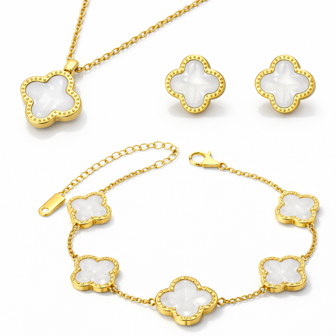 Clover Set - Gold Plated Four-Leaf Clover Necklace, Earrings and Bracelet