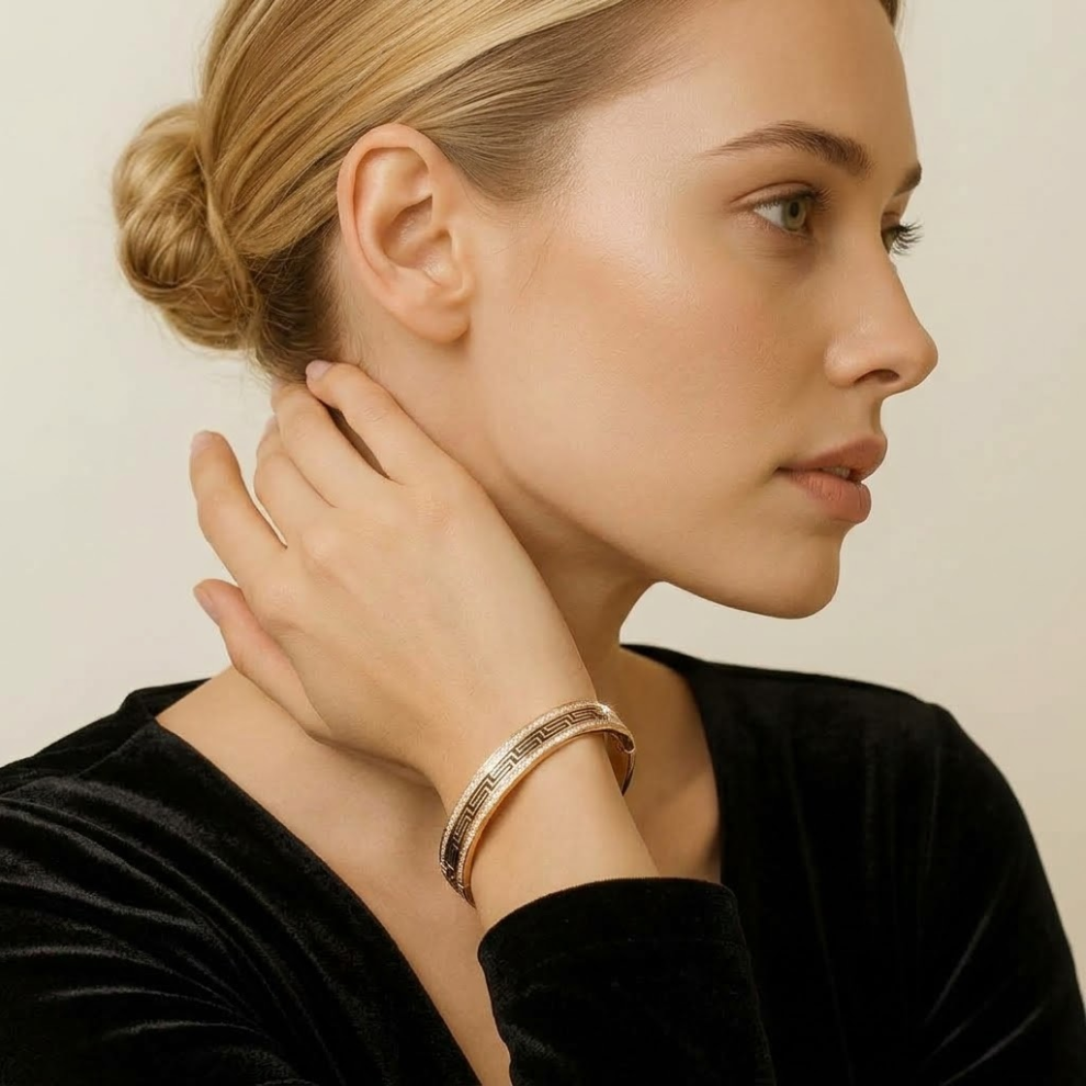 Tatiana | Gold Plated Pavé Greek Key Bangle